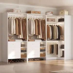 93'' W Freestanding Corner Closet System with 6 Wooden Drawers ＆ 4 Hanging Rods, Adjustable Walk-in Closet Organizer Wardrobe Set with Storage Shelves