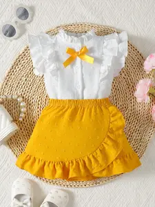Girls' Colorblock Flutter Sleeve Ruffle Skirt Set, Cute Clothing Set, Sweet Cute Bowknot Decor, Elastic Waist Comfortable Fit