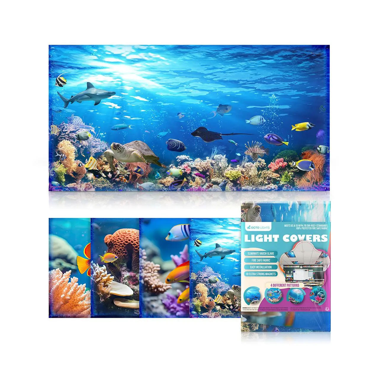Fluorescent Light Covers For Ceiling Lights - Magnetic Ocean Cover For Fluorescent Or LED Fixture - Classroom Light Filters - Octo Lights
