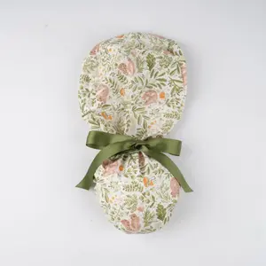 Squirrels & Green Leaves Ponytail Scrub Cap: Women Cotton OR Hat, Buttons,Sweatband,Valentine's Day Gift