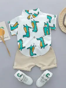 Boys Summer Cartoon Crocodile Stand Collar Shirt Short Sleeve Shorts Set, Casual Toddler Clothes Kids, Comfortable and Stylish, Clothing Sets