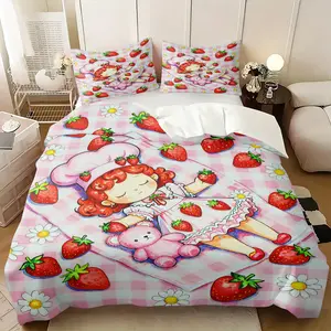 Sweet Sleeping Strawberry Girl Duvet Cover Set, 1 Duvet Cover + 1/2 Pillowcases, Pink Gingham & Daisy Print Bedding, Ultra Soft Breathable Microfiber, All Season Cozy Bed Set for Girls, Floral Bedding Sets