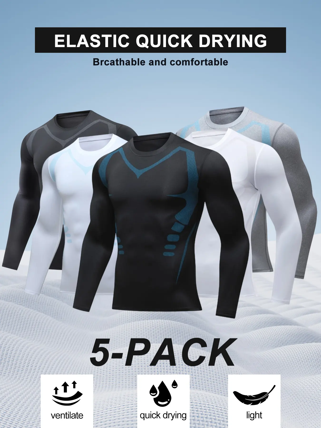 5-Pack Men's Quick Dry Compression Long Sleeve Shirts, Breathable Lightweight Athletic Tops, Stretchy Workout Undershirts for Running, Basketball, Gym Training