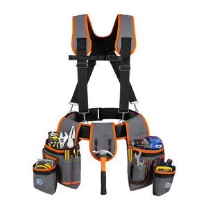 [Heavy Duty Comfort] Multi-Pocket Tool Belt With Suspenders, Adjustable Padded Tool Organizer For Construction, Framing, Electrical Work, Fits 32-66" Waist, Gray Orange