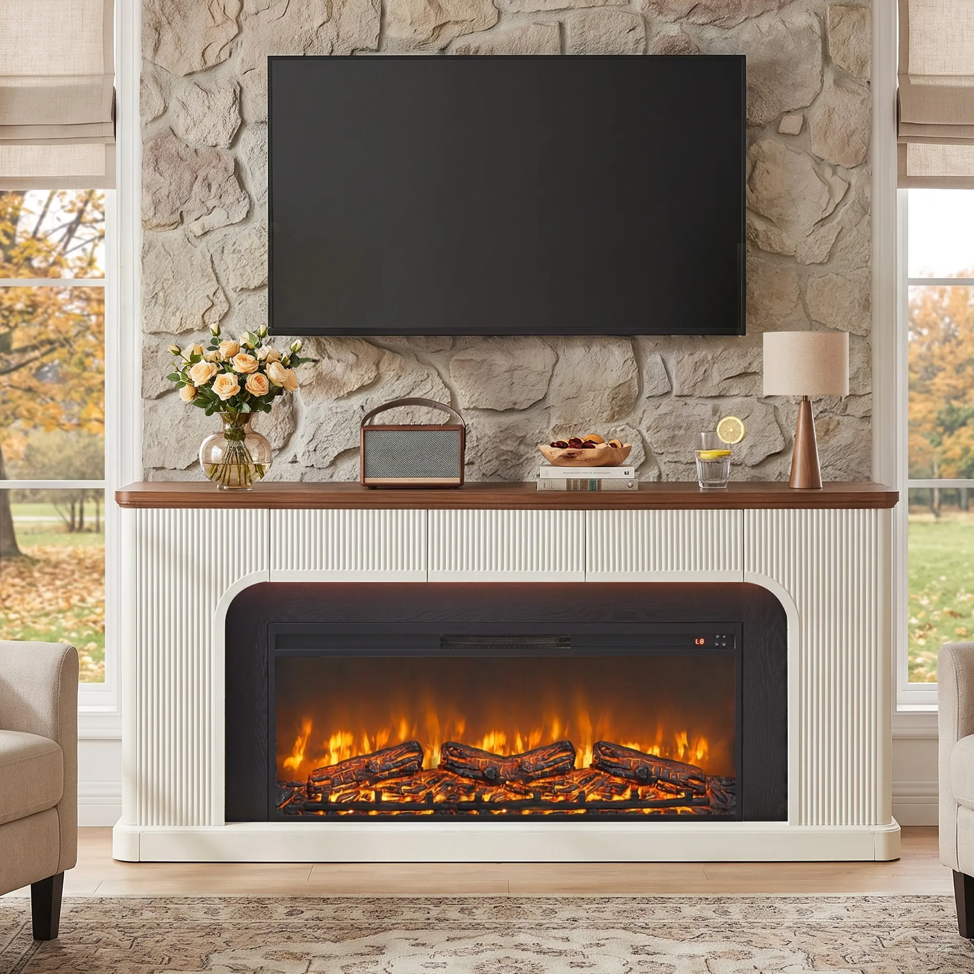 Giratree 70" Fireplace TV Stand with 3 Storage Drawers, Large Entertainment Center for Living Room, Cozy Electric Fireplace Console Table, Christmas Home Decoration