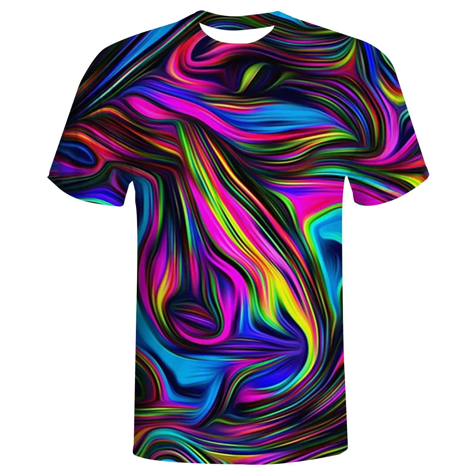 Unisex Neon Abstract Swirling Print T-Shirt, Vibrant Multicolor Fluid Art Design for Festivals, Raves, Casual Daily Wear