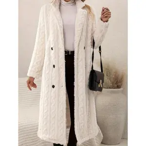 Women’s Autumn–Winter Textured Jacquard Coat, Long-Sleeve Fuzzy Outerwear with Button Pockets, Casual Fashion Jacket for Ladies