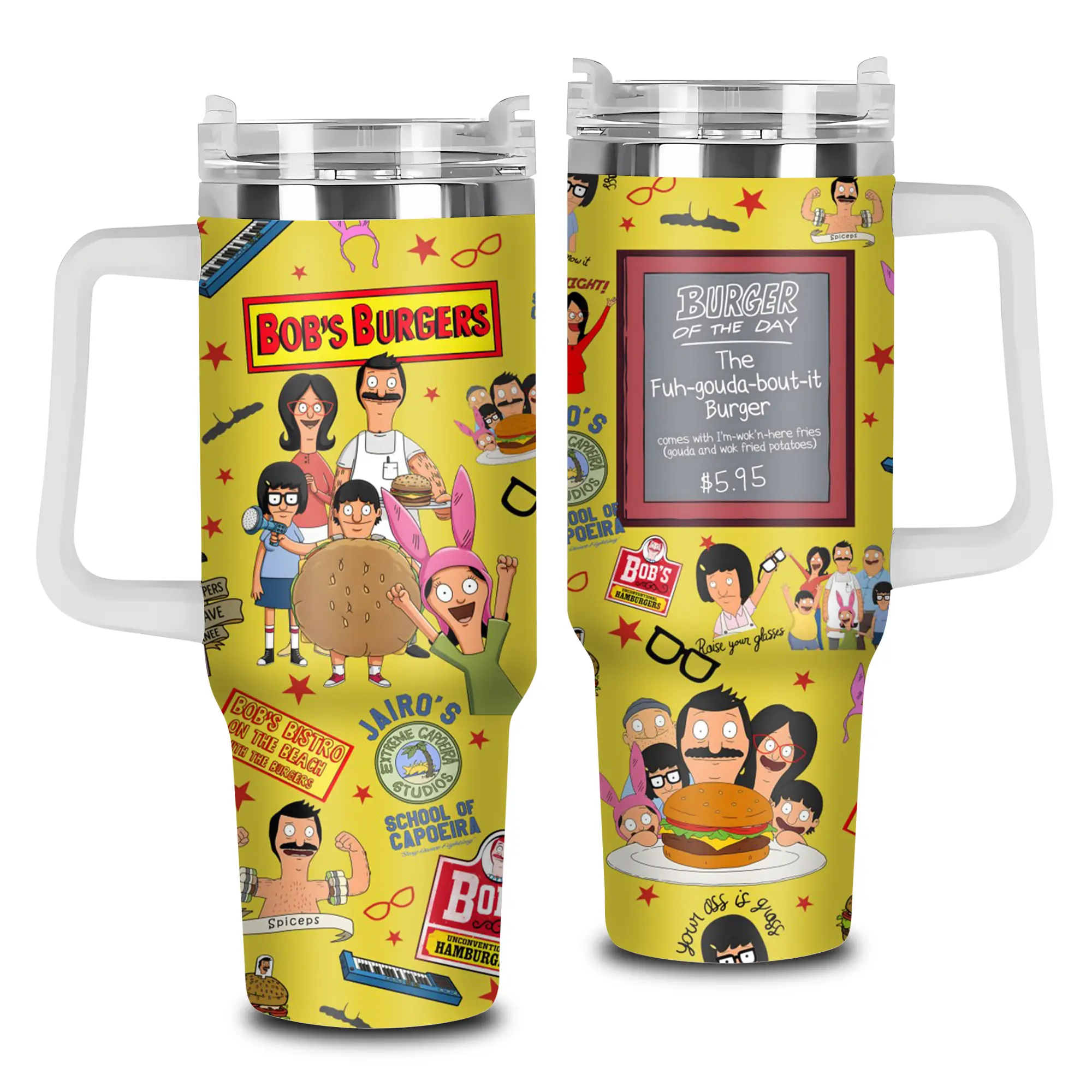 [Elysian Sip] - Burger Family Cartoon Yellow Aesthetic 40oz & 20oz Stainless Steel Tumbler with Handle – Funny Animated Insulated Mug, Food Lover Cartoon Style Cup, Retro Comedy Aesthetic Design, Leakproof Travel Gift.