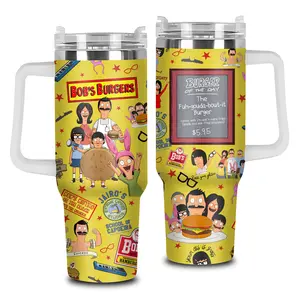 [Elysian Sip] - Burger Family Cartoon Yellow Aesthetic 40oz & 20oz Stainless Steel Tumbler with Handle – Funny Animated Insulated Mug, Food Lover Cartoon Style Cup, Retro Comedy Aesthetic Design, Leakproof Travel Gift.