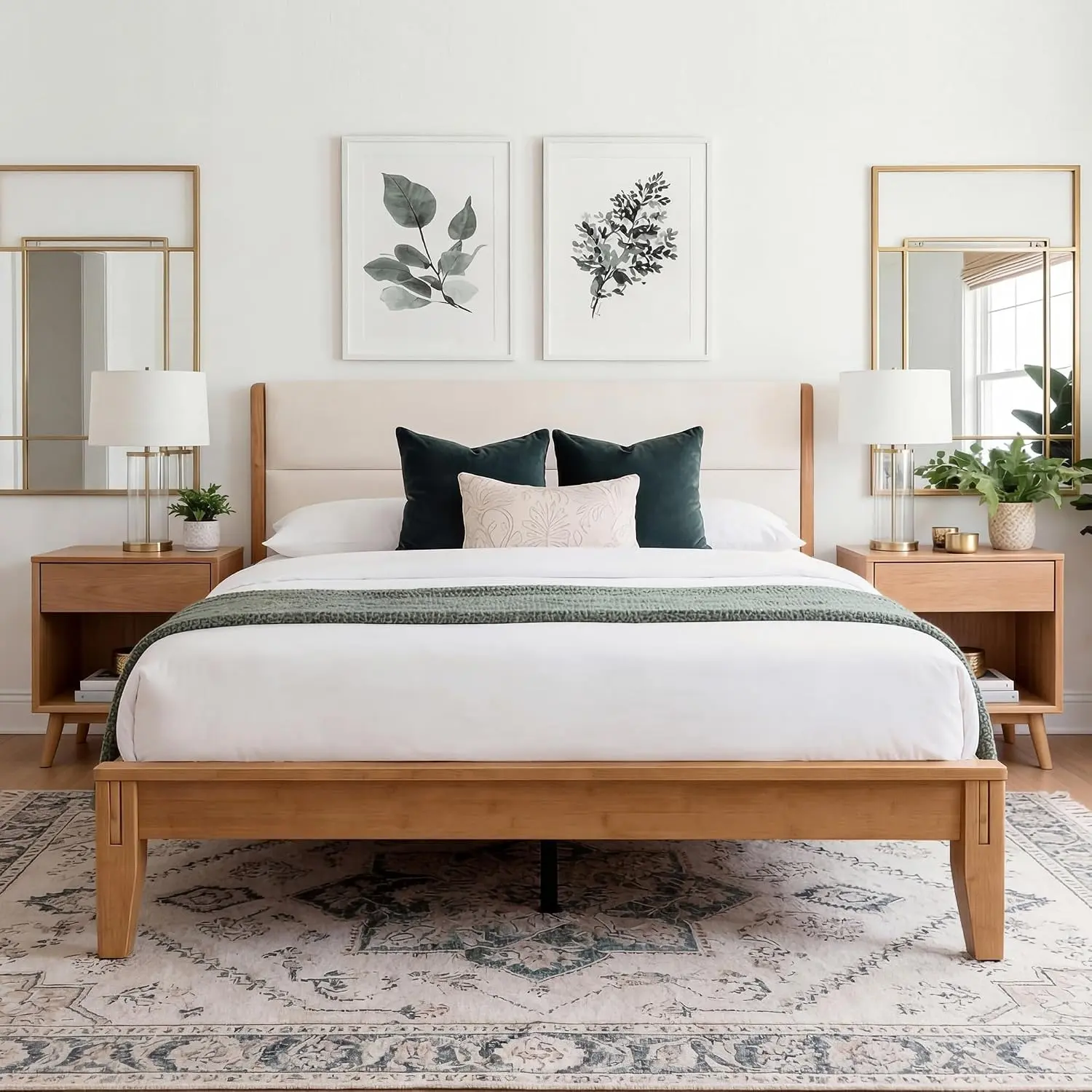 Yechen Framed Modern Joinery-Inspired Durable Solid Bamboo Queen Bed Frame with Headboard, Anti-Noise Strips, Non-Toxic Renewable Material, Eco-Conscious, Assembly Required (King Size Option, Natural/Walnut Finishes)