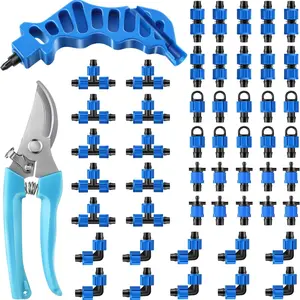 52 Pcs Drip Irrigation Fittings Kit, 50 Pcs 5/8 Drip Irrigation Coupling (10 Elbow, 10Tee, 10 Coupling,10 End Plug,10 Connector), Hole Punch, Cutter,Tape Tubing Fittings Fits Most 16-17 mm Garden Hose