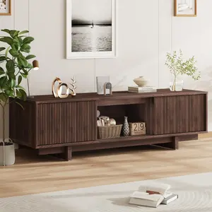 Fluted Design TV Stand for 70" TVs, Mid-Century 63''L Entertainment Center with Sliding Door Storage Cabinet, Media Console Table for Living Room, Bedroom, Apartment