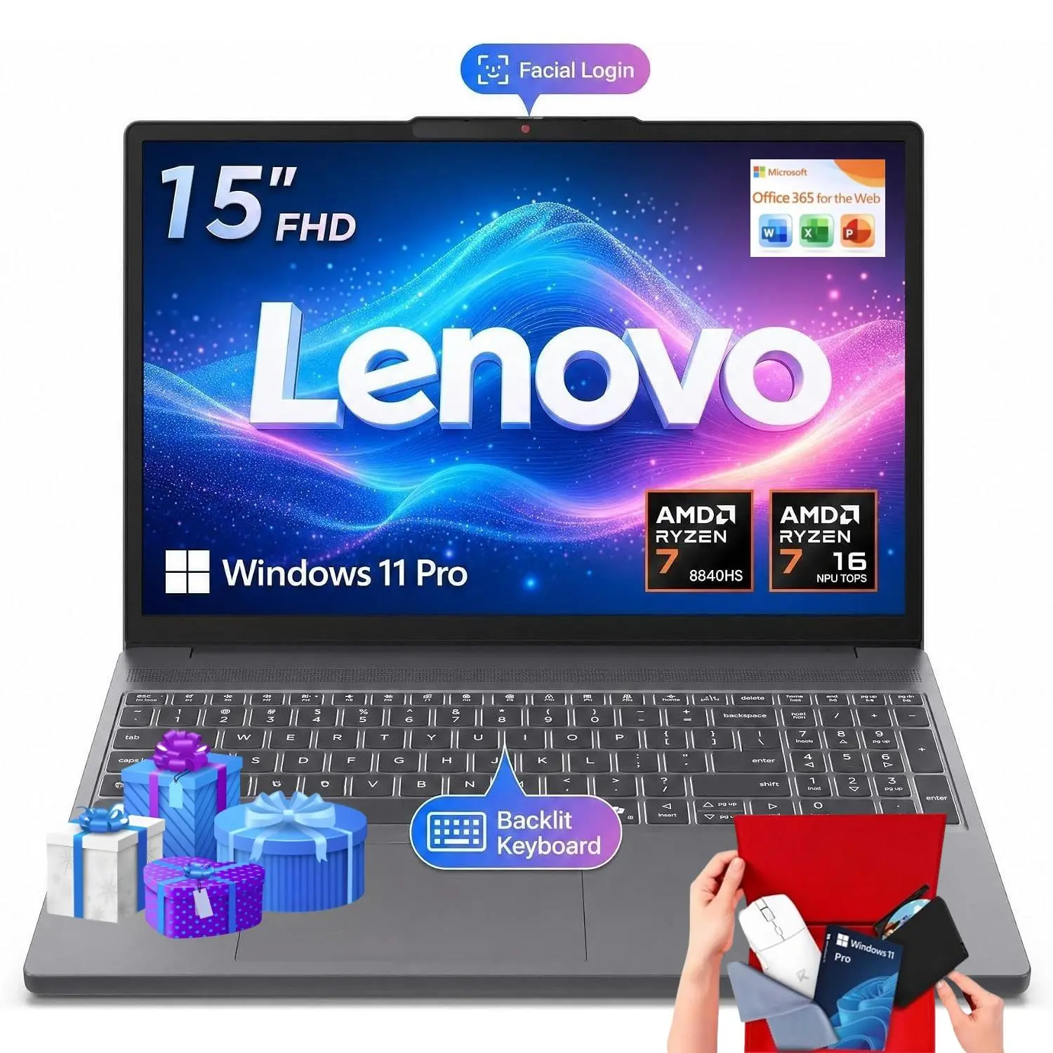 2026 Lenovo Gray 15.3" Touchscreen Laptop | Ryzen 7 8840HS, Radeon 780M Graphics, Up to 32GB RAM 1TB SSD, FHD 1080P IR Camera, Backlit Keyboard, Windows 11 Pro, Bundle Accessories Included