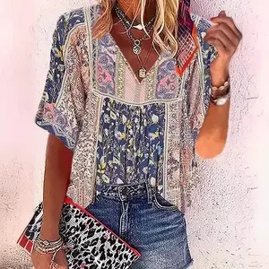 Printed V-neck T-shirt, Bohemian Half Sleeve Spring/Summer Top, Women's WearRAIMENTRY