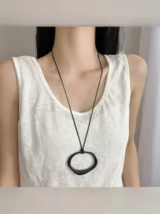 Minimalist geometric irregular pendant leather cord necklace for women, long adjustable versatile statement chain, Versatile Accessory