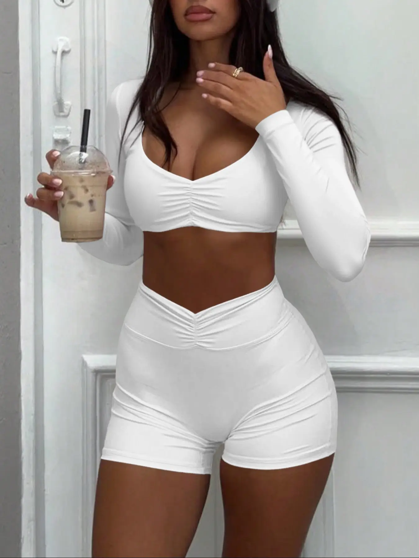 Women Two Piece Outfit Long Sleeve Ruched Crop Top and High Waist V Front Shorts Bodycon Set Stretchy Active Lounge Wear, Casual Workout Loungewear, Sporty Chic Outfit, fitness outfit athleisure, activewear shorts sets, Athleisure Activewear