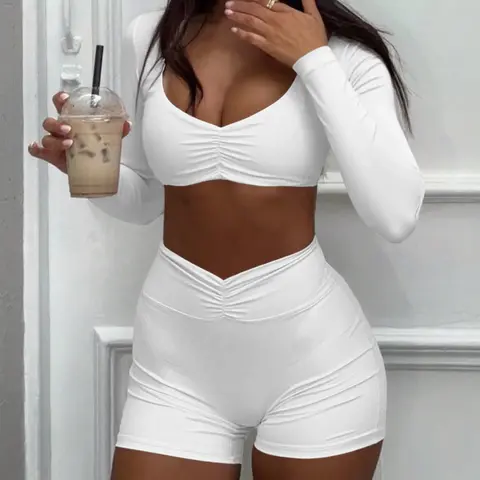 Women Two Piece Outfit Long Sleeve Ruched Crop Top and High Waist V Front Shorts Bodycon Set Stretchy Active Lounge Wear, Casual Workout Loungewear, Sporty Chic Outfit, activewear shorts sets, Athleisure Activewear, Workout Outfits