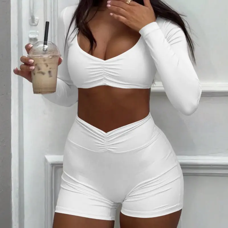 Women Two Piece Outfit Long Sleeve Ruched Crop Top and High Waist V Front Shorts Bodycon Set Stretchy Active Lounge Wear, Casual Workout Loungewear, Sporty Chic Outfit, activewear shorts sets, Athleisure Activewear, Workout Outfits