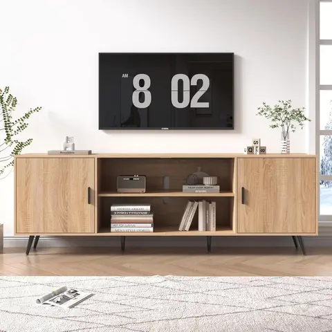 70/80 Inch Mid Century Modern TV Stand for 75 Inch TV, Wood TV Stand with Storage, Entertainment Center for Living Room Bedroom, TV Media Console, Oak/Walnut