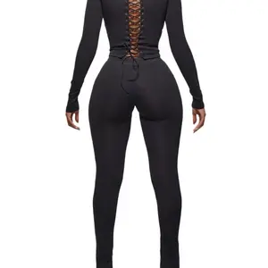 Keep It Cute Rare Set - Black Long Sleeve Top with Lace-Up Back & High-Waisted Leggings for Casual Outings & Themed Events - Womenswear, Bottoms