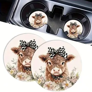 2Pcs Cute Highland Cow Car Cup Holder Coasters - Anti-Slip Absorbent Floral Cow Print with Bow, Stylish Western Auto Accessories for Women’s Car Interior Decor