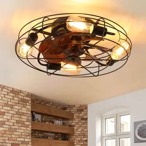 20 Inch Caged Ceiling Fan with Light Farmhouse Low Profile Ceiling Fan Lights with Remote Control Modern Enclosed 4x E26 Bulb Ceiling Fan with Reversible Motor for Living Room Bedroom Kitchen Black