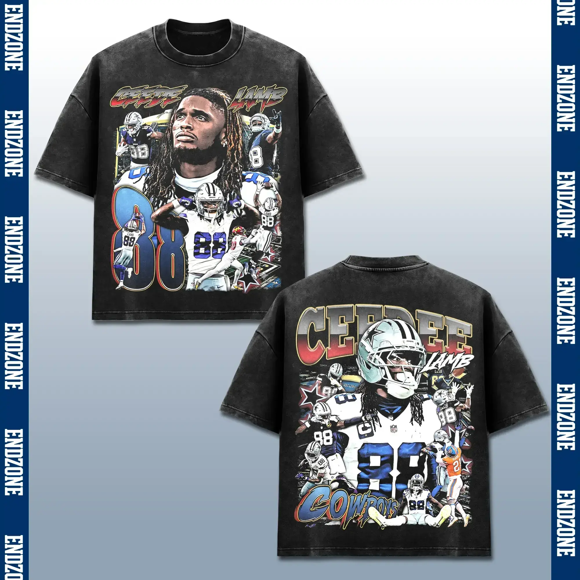 [FREE SHIP] CeeDee Lamb T-Shirt, CD Cowboys Tee, Number 88 Football Merch, Pro Football Playoffs Sunday Game Top, Star Athletic Sportswear, Vintage Bootleg Rap Style, Retro Acid Washed Black, US Unisex Casual, Oversized Heavyweight Clothes