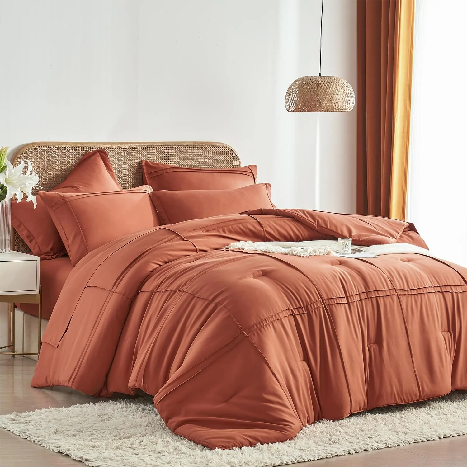 Comforter Set 7 count Bed in a Bag,Grid Pinch Pleat Terracotta Bedding Set,Striped Textured Soft Microfiber Comforter with Sheet Set,All Season Complete Bed Set(Terracotta,)
