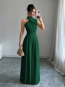 Ladies' neck hanging wide leg jumpsuit, cross neck hanging collar halter design, with pockets - cinched waist folds, high waist slimming, European/light mature style - elegant temperament/dinner dress/cocktail party/wedding guests, etc