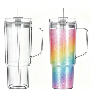 2 PACK 40 oz Plastic Snow Globe Tumblers with Handle, Double Wall Acrylic Snow Globe Cups, Cold Drinks Water Tumblers with Pre-drilled Hole and Silicone Plug for Snow Globe Glitter DIY Drinkware Bottle Portable