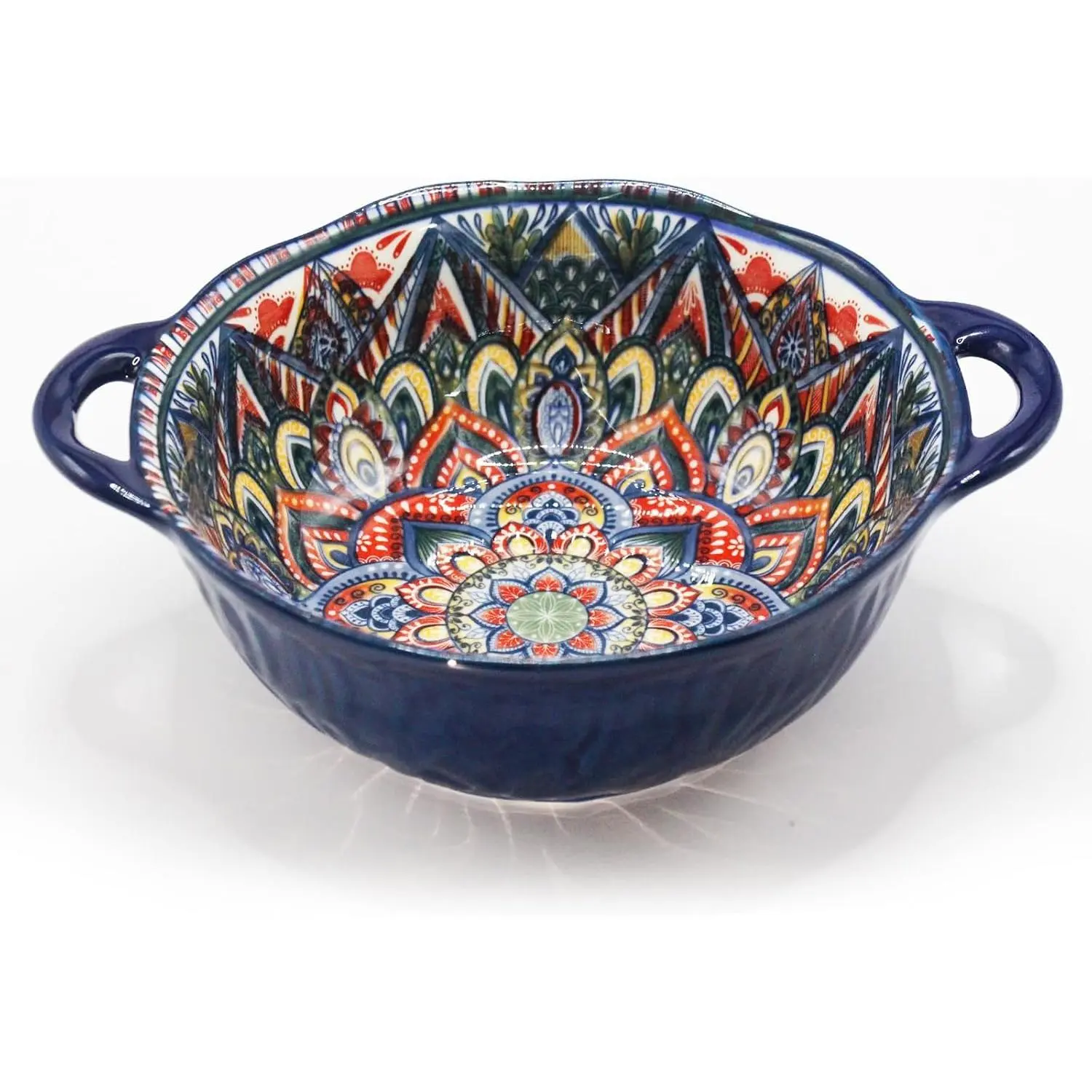 Bohemia Large Bowls with Handle, 40 oz Ceramic Soup Bowl for Salad, Pasta, Cereal,Fruit, Udon, Microwave & Dishwasher Safe (Blue)