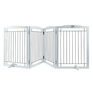 VEVOR Free Standing Dog Gate, 32" H x 96.5" W Freestanding Pet Gate, 4 Panels Foldable Dog Gate for Wide and Narrow Passageways, Expandable Dog Barrier with Silent Foot Support for Indoor, White