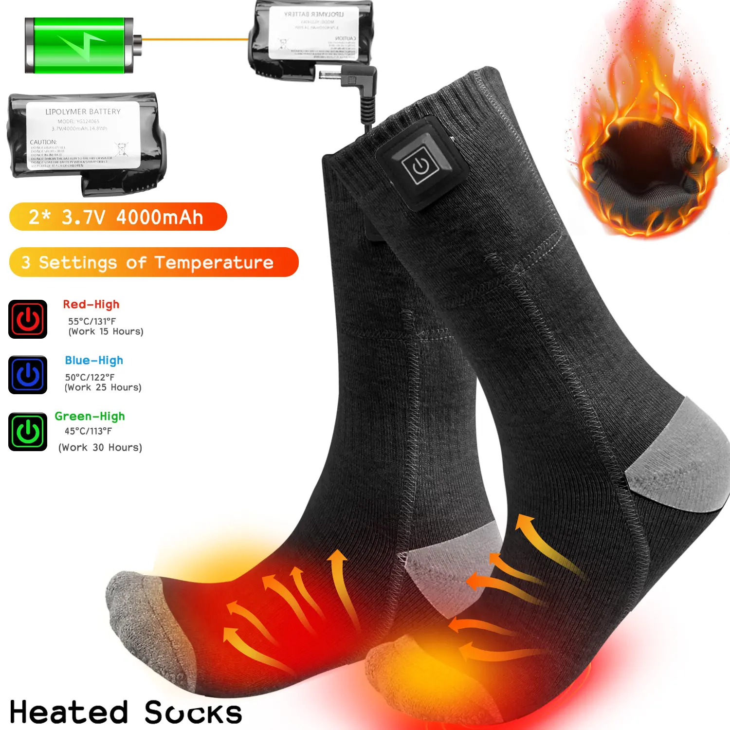 Rechargeable Heated Socks for Men and Women with Two 4000mAh Battery,3-Level Heat Settings for Skiing, Hiking, Hunting and Winter Outdoor Activities, Christmas Gift