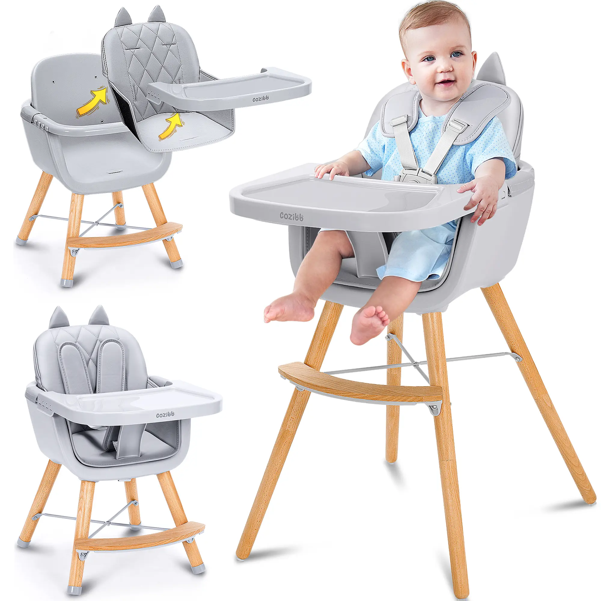 4-in-1 Convertible Baby High Chair - Modern, Easy-to-Clean Wooden Highchair with 3-Position Tray & Leatherette Seat