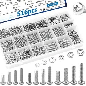 516 count Nuts and  Assortment Kit 21-Sizes M3/M4/M5/M6 Nut Bolt Washer Assortment Kit for Machinery, Furniture, Automotive,  Repairs