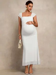 TAMALLA Pregnant Women Solid Color Pleated Elegant Party Dress