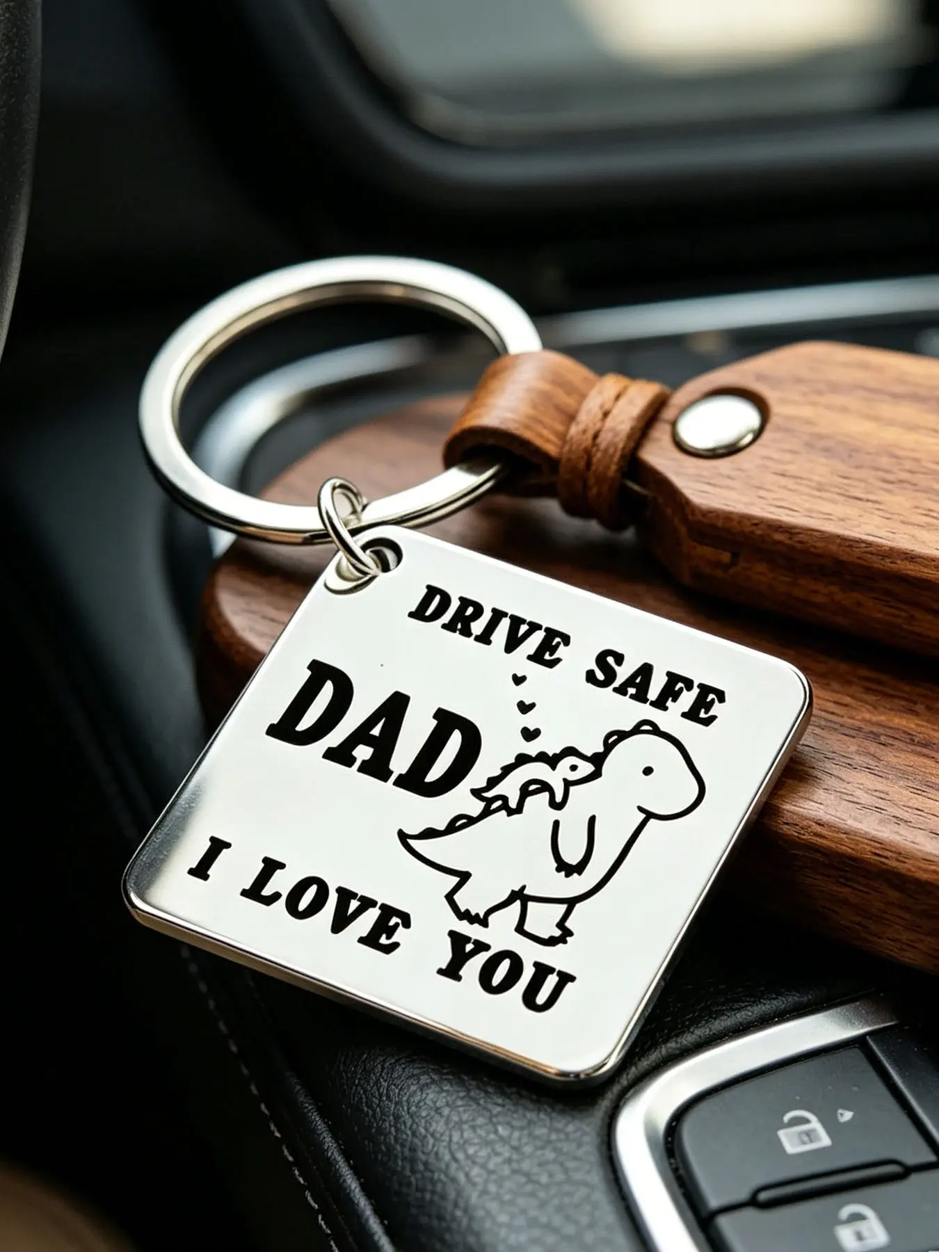 Drive Safe Dad Metal Keychain, Car Key Chains, Car Pendant, Father's Day Keychain, A Practical Gift for Dad, Featuring Safe Driving Reminders, Stainless Steel Engraving, Dinosaur and Family Design