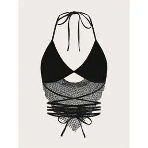 Women's Black Fishnet Halter Football Party Bra with Adjustable Straps Backless Comfortable Sticky Lingerie Elegant Design for Special Occasions Womenswear Style Clothes Fabric