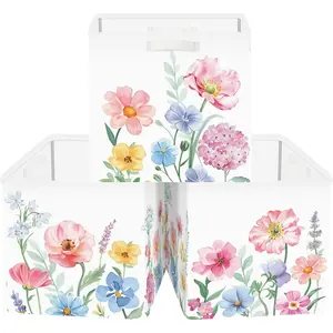 Flowers Cube Organizer Set Handle Closet Clothes Cube with Frame Foldable Parents Organizer Basket for Book Toy,Watercolour,11.8x11.8x11.8 in