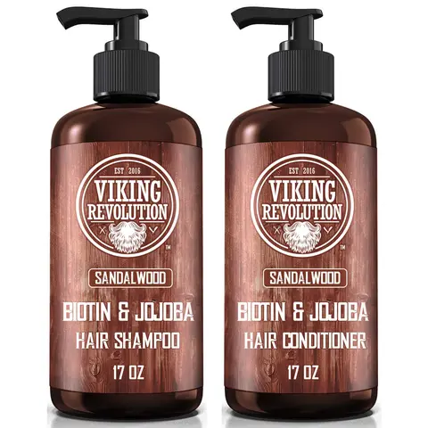 Viking Revolution Sandalwood Men's Shampoo & Conditioner Set with Biotin & Jojoba Oil for Thinning Hair - Sulfate Free Haircare 17 Oz