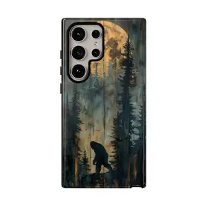 Rustic Wood Sasquatch in the forest Phone Case, Bigfoot Tough Case. Case for IP 11 12 13 14 15 16 17, Plus, Promax, S21,22,23,24,25 Ultra, Tough Case, Magsafe Case
