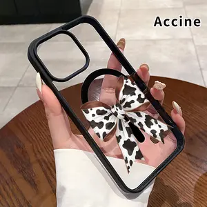 Compatible for iPhone 16 Pro Max E Plus Trendy Cow Print Bow Pattern Shockproof Non-Yellowing Crystal Transparent Acrylic Soft Case Supports Wireless Charging.