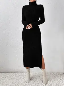 Elegant Mid-Length Knit Dress, Half High Neck Base Layer, Sweater Dress for Women, Commuter Casual Style, Slim-Fitting, Slit, Casual Wear