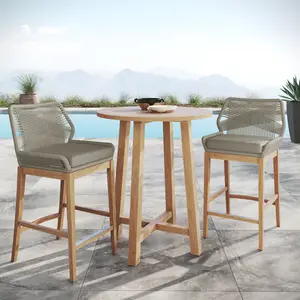 Wellspring 3-Piece Outdoor Patio Teak Wood Bar Set in Light Gray Greige