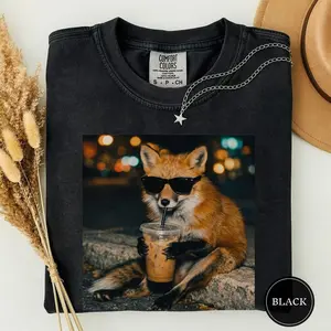Comfort Colors Funny Red Fox Drinking Iced Coffee Shirt, Animal Meme Graphic Tee, Fox Lover Gift, Funny Fox Shirt, Coffee Lover Tee, Fox Tee UY