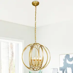 Vintage Gold Orb Cage Pendant Light 18.9 Inch 4-Light E12 Base Warm Bulbs Adjustable Chain Farmhouse Chandelier for Kitchen Dining Room Living Room Foyer