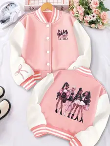 Girls' Short Baseball Jacket, Sweet Block Design, Cartoon Decoration, Bowknot Cuffs, Spring & Fall Casual Outerwear