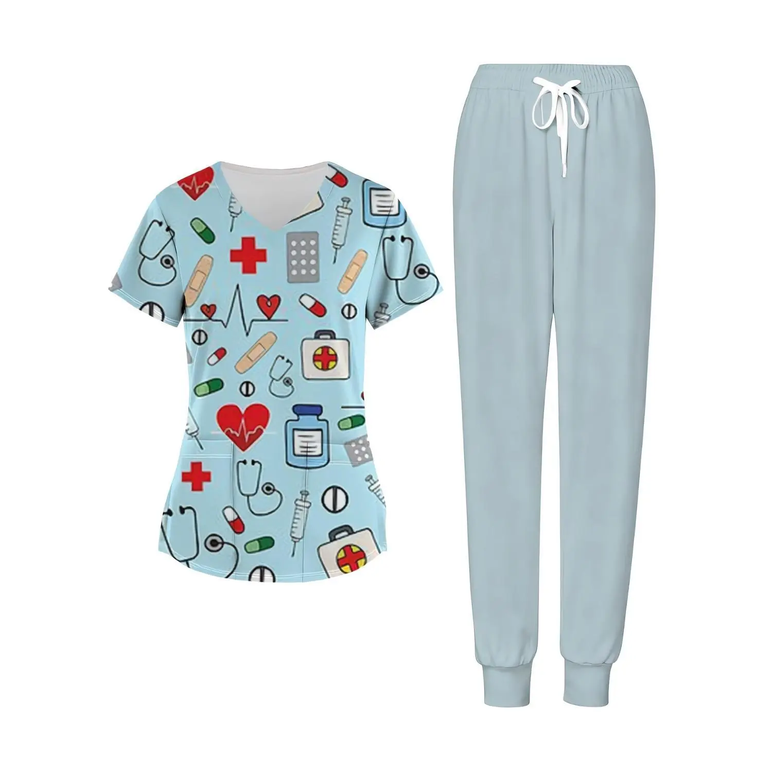 Plus Size Women's Nurse Uniform 2-Piece Set with Heart & Healthcare Print - Ideal for Nurses Day & Hospital Work - Comfortable & Gift-Ready