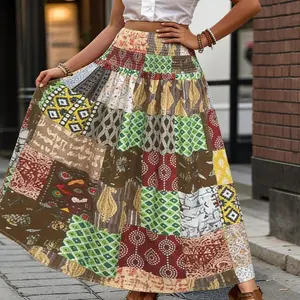 Women's Plus Size Bohemian High Waist A-Line Patchwork Maxi Skirt, Vibrant Geometric & Floral Print, Ruffled Hem, All-Season Versatile Bottom for Beach Wear, Paired with Crop Top, Top, Tee or Blouse
