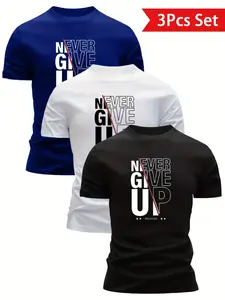 Men's 'Never Give Up' Motivational Graphic T-Shirts (3-Pack) – Bold Typography Design, Casual Inspirational Style